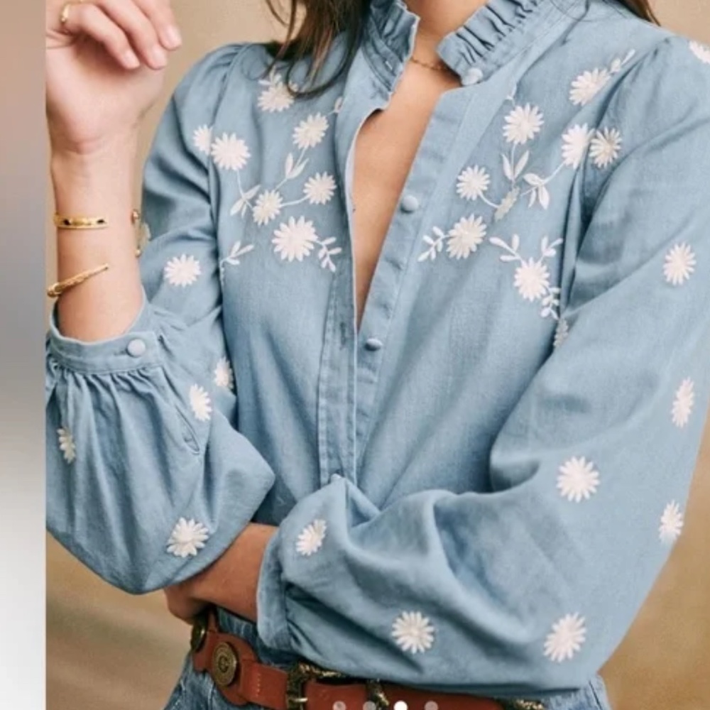 Sezane Lamie denim floral embroidered button up shirt sz 38/6